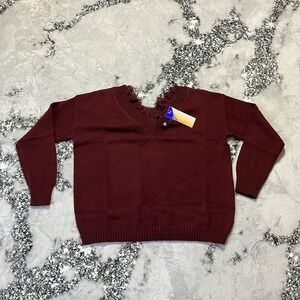 After Market Sweater Womens‎ S Burgundy Lace Detail Double V Neck Pullover